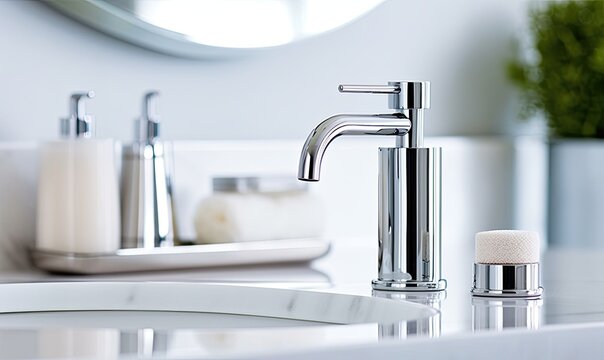 Modern bathroom faucet with soap dispenser on white countertop, generative AI
