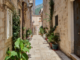 Fototapeta na wymiar Charming narrow alley with stone houses and an archway in a sunny summer day. Dubrovnik Old Town.,Croatia, Europe