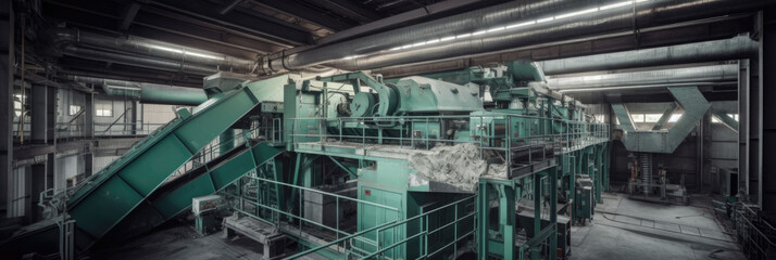 Fototapeta premium Environmental Safety. Industry Plant for sorting and processing plastic and paper waste. Conveyor assembly line with garbage bottles and packaging. Banner. Generation AI