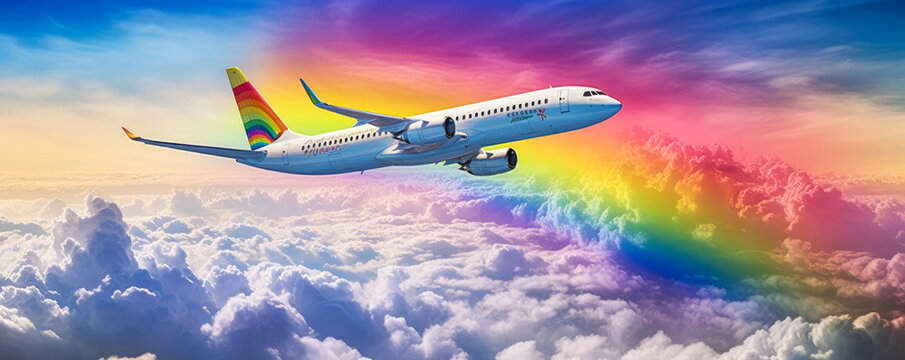 Captivating image of an airplane ascending in a vibrant sky with rainbows and colorful trail, evoking wonder and excitement for adventurous travel. Generative AI