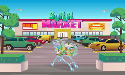 Perspective view of supermarket outside with parking. Supermarket Outdoor with car parking and supermarket food cart.  Cartoon vector illustration