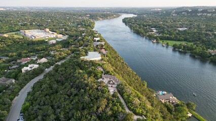 Fototapeta premium Aerial view of Lake Austin, via Mount Bonnell, with downtown's skyline to the left and the Pennybacker Bridge to the right. 