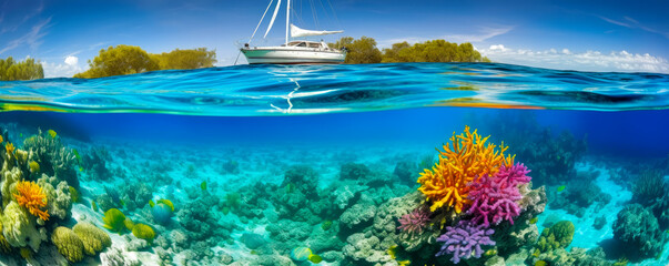 Captivating marine scene: sailboat gliding on pristine waters amid vibrant coral reef teeming with colorful sea life, enhanced hues and contrasts. Emotionally stirring & unique. Generative AI
