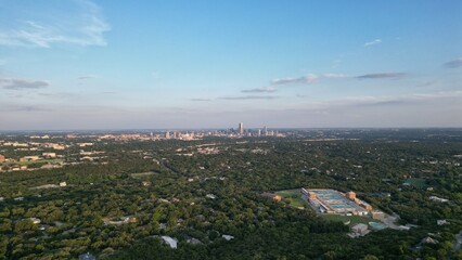Obraz premium Aerial view of Lake Austin, via Mount Bonnell, with downtown's skyline to the left and the Pennybacker Bridge to the right. 