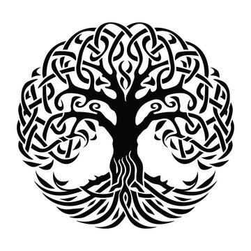 Celtic Tree of life decorative Vector ornament, Graphic arts, dot work. Grunge vector illustration of the Scandinavian myths with Celtic culture.
