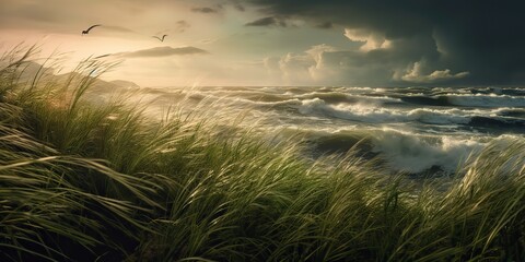 AI Generated. AI Generative. Nature outdoor wild norway dramatic landscape with grass and ocean. Adventure travel vibe. Graphic Art