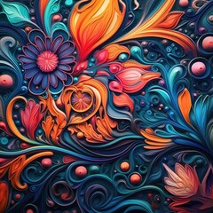 eye-catching pattern design inspired by nature, incorporating elements such as flowers, leaves, and flowing water