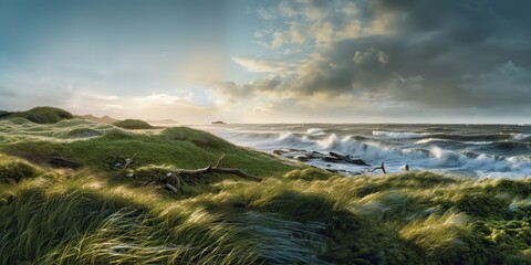 AI Generated. AI Generative. Nature outdoor wild norway dramatic landscape with grass and ocean. Adventure travel vibe. Graphic Art