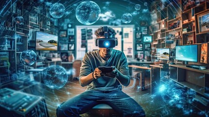 Fototapeta premium digital marketing in a dynamic and visually engaging way. Create a composition that combines elements of technology, business, and creativity, showcasing the integration of digital platforms and marke