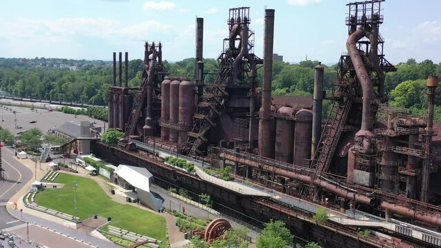 Aerial Bethlehem Steel Stacks Front Right to Left Arc