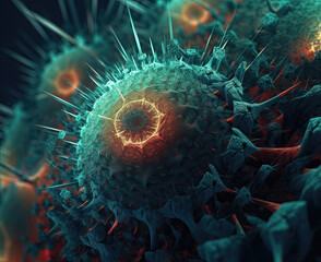 Background with viruses, microscopic view of floating virus cells, organism.
