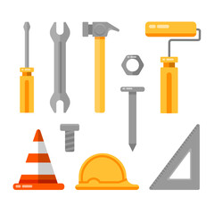 Set of metal bolts, screws, wrench, screwdriver, helmet and hammer. Service tools. Industry hand drawn flat collection. Industrial equipment