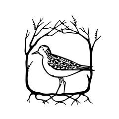 Vector card with hand drawn cute plover in graceful floral wreath. Ink drawing, decorative graphic style. Beautiful animal design elements, perfect for logo design