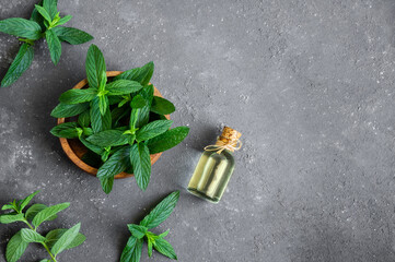 Glass bottle of peppermint essential oil with fresh green mint leaves on rustic background