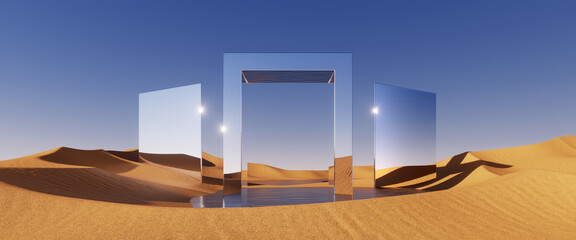 3d render. Abstract surreal background with chrome geometric shapes. Panoramic scenery. Desert landscape with sand dunes and mirror square arches under the clear blue sky. Minimal fantastic wallpaper