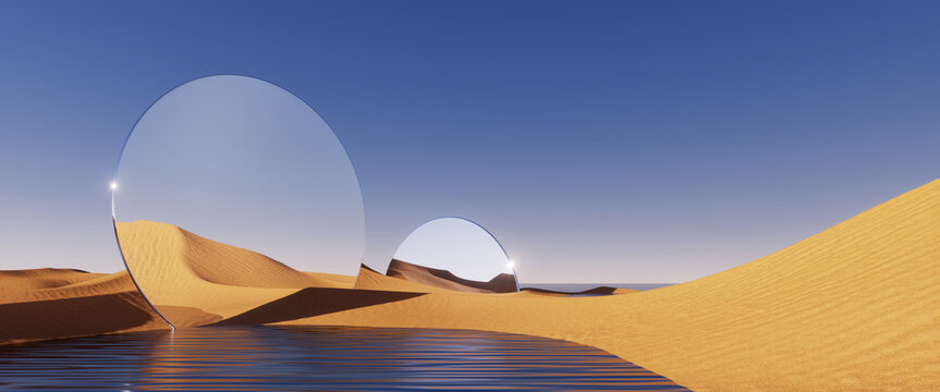 3d render. Abstract surreal background. Desert scenery. Panoramic landscape with sand dunes, water and flat round mirror disk under the clear blue sky. Minimal fantastic wallpaper