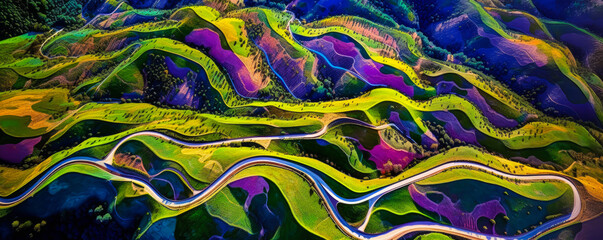 Luminous abstraction enveloping a winding road through a hill. Joyful images inviting us to set off on an adventure. Generative AI