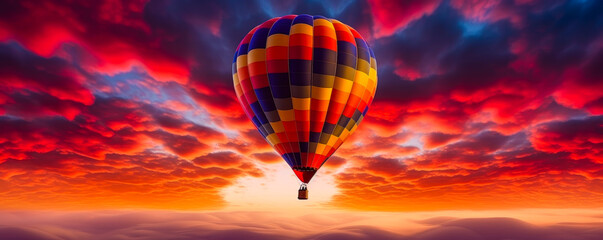 Obraz premium Captivating montgolfier soaring amid vibrant, luminescent sunset hues, evoking surreal emotions and exhilarating adventures. Ideal for marketing campaigns. Generative AI
