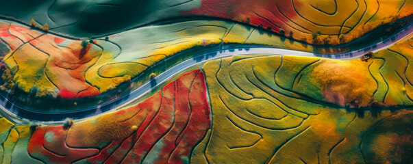 Captivating winding road amid rolling hills, enhanced by vibrant abstract patterns tracing its curves; embodies the exhilarating freedom of adventure. Generative AI