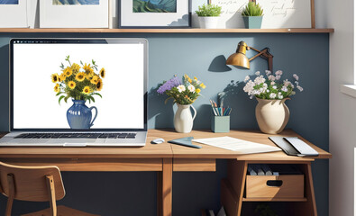 Photo interior wall with flower vase with laptop smartphone on worktable with mock up tablet background ai
