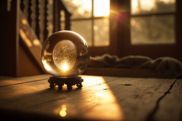 Captivating sparkling magic emanating from a crystal ball on an elegant wooden desk, basked in warm antique light from a nearby window - a stirring emotional scene. Generative AI