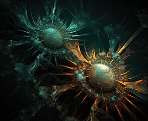Background with viruses, microscopic view of floating virus cells, organism.