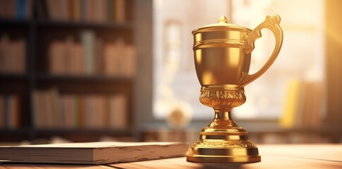 competition library gold award champion celebration bokeh cup prize trophy. Generative AI.