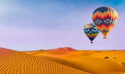 Fotobehang Desert and hot air balloon Landscape at Sunrise. Travel, inspiration, success, dream, flight concept © Kotangens