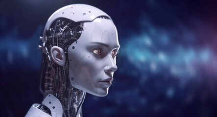 Baner with stylish handsome cyborg head in profile on a blue bokeh background. Futuristic woman with copy space. Generative AI