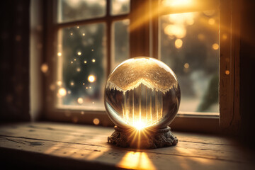 Captivating image of magical sparks emitting from a crystal ball on an elegant wooden desk, bathed in warm, antique light from a nearby window. Emotional and enchanting. Generative AI