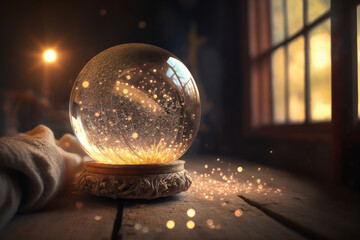 Captivating sparkles emerge from a crystal ball on an elegant wooden desk, as warm, antique light glows through the window, evoking mesmerizing emotions. Generative AI