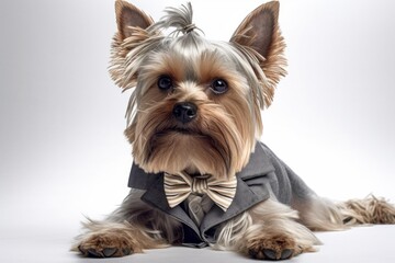 Anthropomorphic Yorkshire terrier dog dressed in a suit like a businessman. Business Concept. AI generated