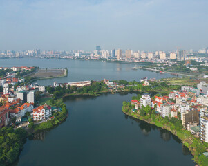 Aerial view of Hanoi Downtown Skyline, Vietnam. Financial district and business centers in smart urban city in Asia. Skyscraper and high-rise buildings.