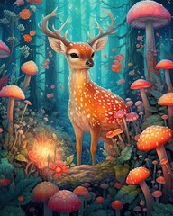 a colorful and whimsical fantasy illustration featuring unique animals in a magical forest