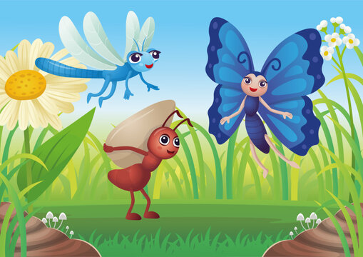 Summer Landscape of field with cartoon butterfly, ant, dragonfly, flowers and blue sky background. Vector illustration in cartoon style