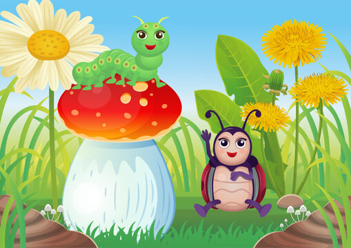Summer Landscape of field with cartoon ladybug and caterpillar, flowers and  red mushroom blue sky background. Vector illustration in cartoon style