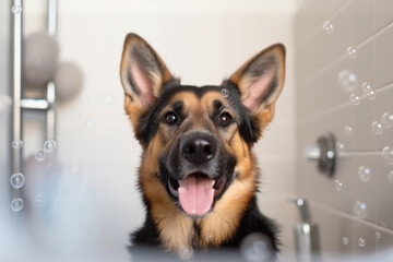 Joyful German Shepherd dog in bathtub, soap foam flying all around. AI generative