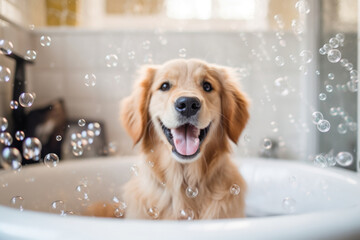 Joyful golden retriever dog in bathtub full of soap foam. AI generative