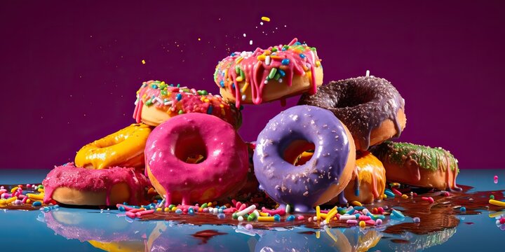 AI Generated. AI Generative. Photo illustration of sweet deserts donuts bright color. Present party vibe. Graphic Art