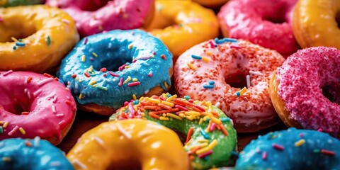 AI Generated. AI Generative. Photo illustration of sweet deserts donuts bright color. Present party vibe. Graphic Art