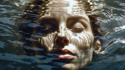 Sensual portrait of a girl in theatrical art style, a woman with closed eyes underwater. Created in AI. - obrazy, fototapety, plakaty