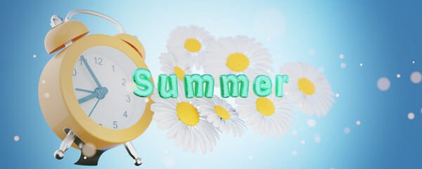 Yellow alarm clock on the background of the inscription summer. Flowers background. Vacation concept. Time to rest. Hot Deals. Summer time. 3d render.