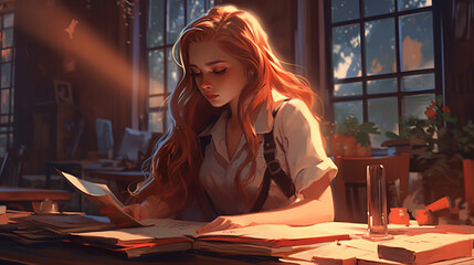 A young writer writing a new detective story. The student is preparing for the session. The schoolgirl is preparing for exams. A journalist deals with a difficult case. A beautiful girl created in ai. - obrazy, fototapety, plakaty