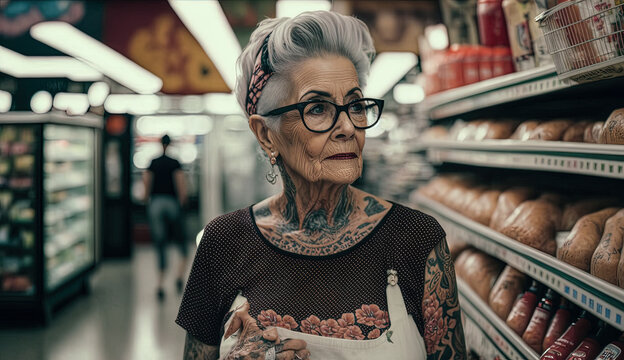 Grandmother covered in tattoos shopping in the supermarket. Generative AI