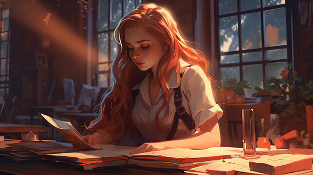 A Young Writer Writing A New Detective Story. The Student Is Preparing For The Session. The Schoolgirl Is Preparing For Exams. A Journalist Deals With A Difficult Case. A Beautiful Girl Created In Ai.