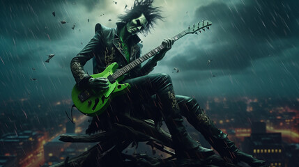 Naklejka premium Rock and roll musician in steampunk joker style plays the guitar, clown on the roof of a skyscraper in a storm. Created in AI.