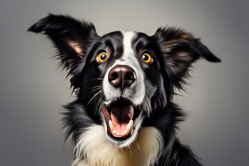 Excited surprised Border Collie dog, on grey background. AI generative.