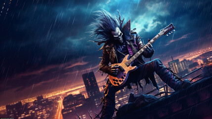 Rock and roll musician in steampunk joker style plays the guitar, clown on the roof of a skyscraper in a storm. Created in AI. - obrazy, fototapety, plakaty