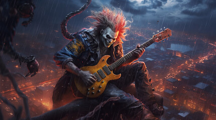 Obraz na płótnie Canvas Rock and roll musician in steampunk joker style plays the guitar, clown on the roof of a skyscraper in a storm. Created in AI.