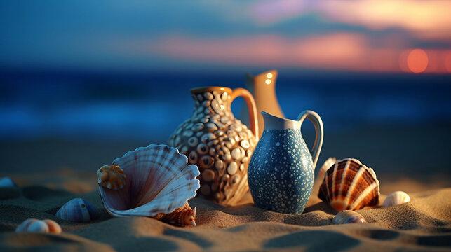 Excavations Of Antique Clay Dishes Along With Shells On The Shore Of The Sea Beach. Created In AI